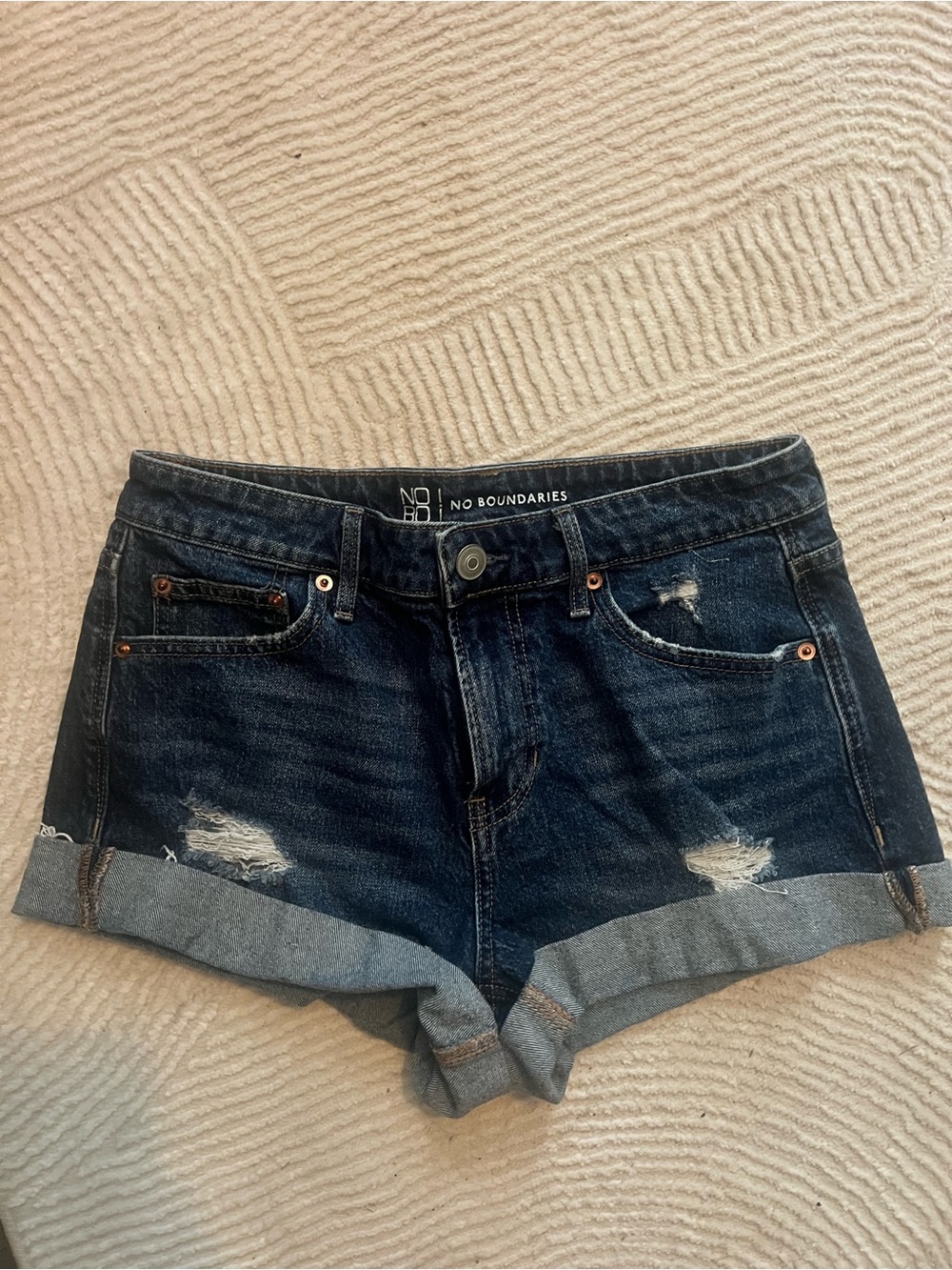 No Boundaries Dark Blue Rolled-Hem Distressed Denim Shorts